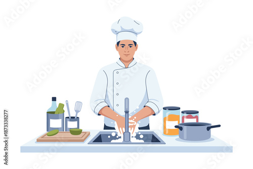 A chef washing his hands in a kitchen sink with cooking utensils nearby