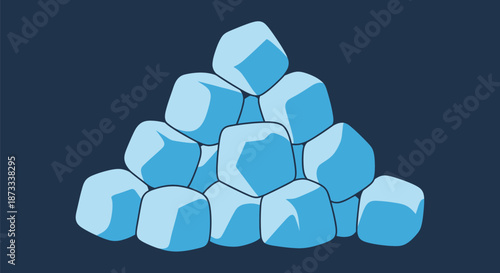 A pyramid stack of blue ice cubes rests on a dark blue solid background.