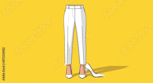 Cropped woman wearing white trousers stands awkwardly next to a fallen high heel.