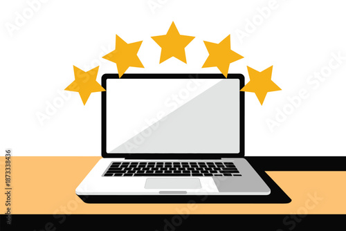 A laptop computer with five gold stars above it on a table