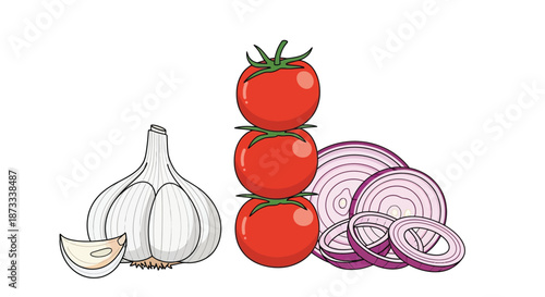 Garlic bulb and clove sit beside a stack of three ripe tomatoes and sliced red onion.