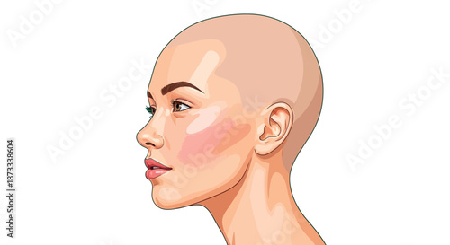 Close up profile of a young woman with a completely shaved head showing smooth skin.