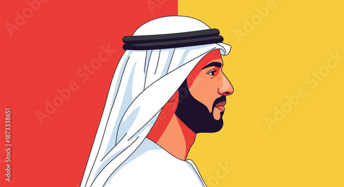Arab man in traditional white ghutra and black agal stands against a colorful.