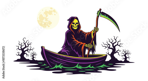 Grim reaper figure floats in small boat beneath a large full moon and dead trees.