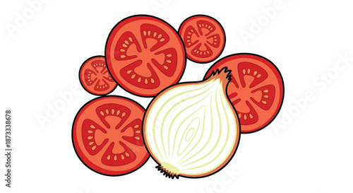 Sliced onion half is surrounded by several slices of ripe red tomato vegetable.