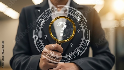 Businessman holding interactive holographic interface with question marks
