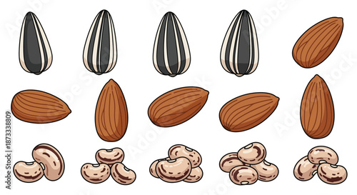Various seeds and nuts including almonds, sunflower seeds, and cashews are displayed.