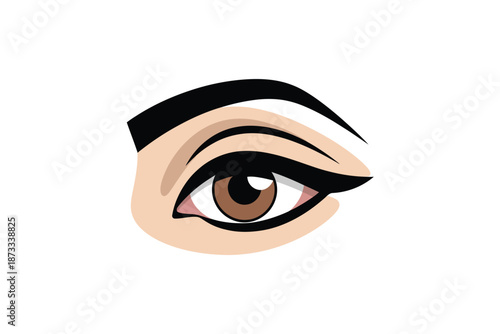A cartoon illustration of a woman's eye with brown iris and black eyeliner