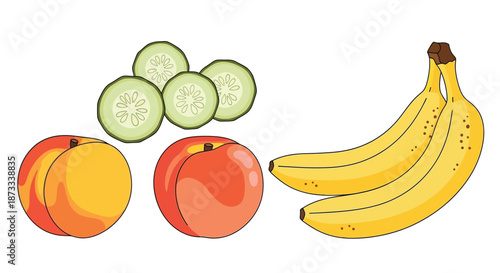 Assortment of fresh bananas, peaches, and cucumber slices sit together for healthy.
