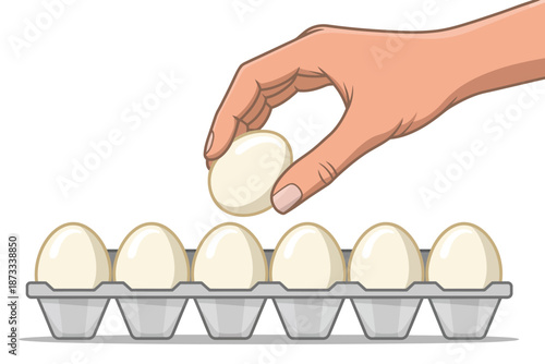 A hand carefully picking up an egg from a carton of eggs