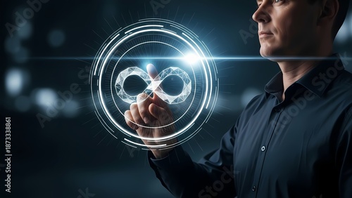 Businessman interacting with a holographic infinity symbol on a futuristic interface