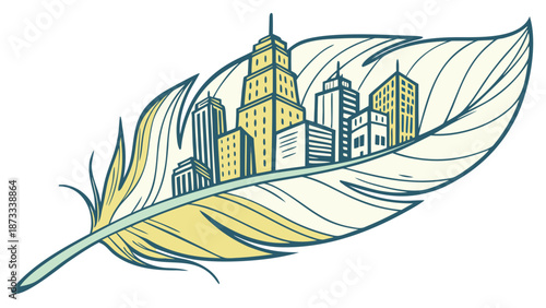 A delicate feather gracefully contains a detailed cityscape within its form a striking silhouette high quality