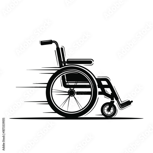 Motion-blurred black wheelchair illustration with white background, conveying a sense of movement.