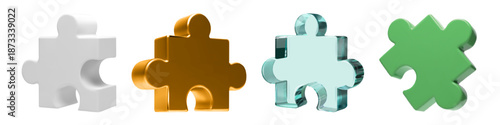 4 puzzle pieces 3d render isolated. Jigsaw icon for business goal, team member. Vector problem solution challenge, abstract partnership teamwork. Connect items to success. Education building toy idea