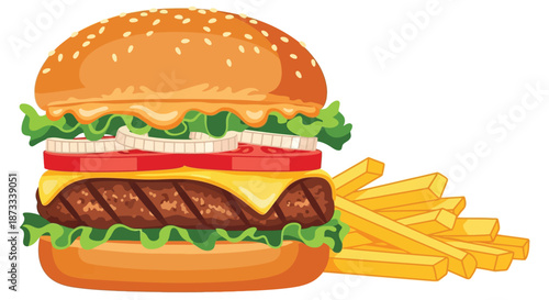 Classic cheeseburger with sesame seed bun rests beside golden French fries.