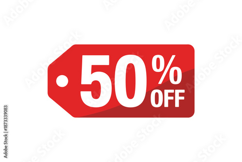 A red discount tag with 50 percent off on a white background