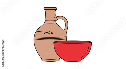 Ancient clay jug standing next to a bright red ceramic eating bowl for display.
