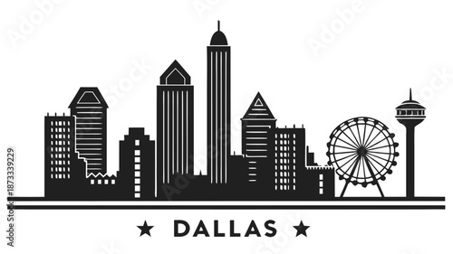 A striking cityscape of dallas texas featuring prominent buildings and a ferris wheel silhouette high quality