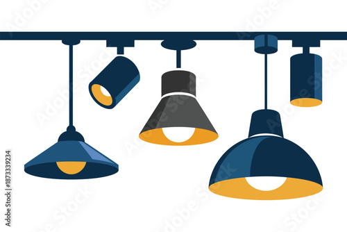 A modern track lighting system with multiple lamps on a white background