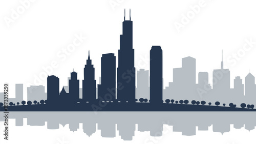 A striking cityscape view of chicago s iconic skyline against a calm water reflection silhouette