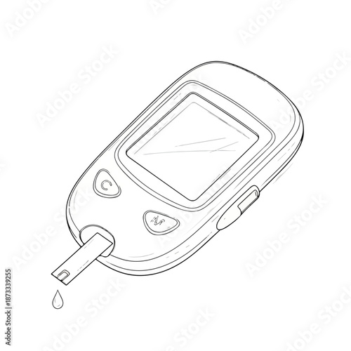 Line drawing of a blood glucose monitor with a test strip and a single drop of blood on a white background.