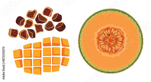 Cantaloupe half with diced mango and dried fruit pieces displayed together.