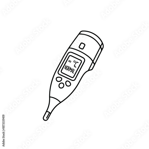 Digital illustration of a sleek infrared thermometer with a clear LCD display on a white background.
