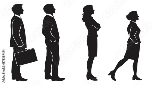 Four business professionals are depicted in profile showcasing formal attire and a distinct silhouette high quality