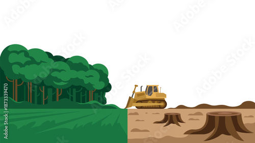 An illustration of a bulldozer clearing trees in a forest for construction