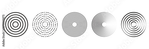 Abstract round patterns set isolated on background. Vector illustration of black circles with dots, lines and waves, rippled sound or radio signal rings, radial vibration effect, epicenter icons