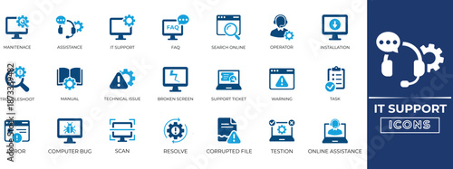 It supports icon set. featuring tech support, operator, scan, maintenance,  warning, troubleshooting, cloud computing, and computer repair symbols for web and app design. Solid icon set