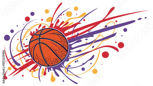 A vibrant explosion of colorful paint splatters dynamically surrounds a detailed basketball creating a stunning silhouette