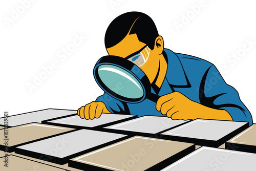 A cartoon man examines tiles closely with a magnifying glass in hand