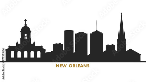 A striking black cityscape of new orleans features iconic buildings and a distinctive skyline silhouette