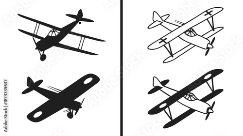 Illustrations of vintage biplanes in varying perspectives showcasing both solid and outline versions silhouette high quality