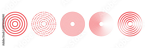 Abstract round patterns set isolated on background. Vector illustration of black circles with dots, lines and waves, rippled sound or radio signal rings, radial vibration effect, epicenter icons