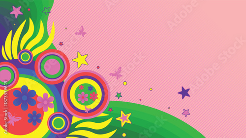 Bright abstract fantasy background with colorful circles stars flowers butterflies and playful shapes perfect for kids events posters banners wallpapers and joyful creative design