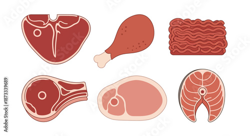 Various raw meat cuts including steak, poultry leg, and ground beef portions.