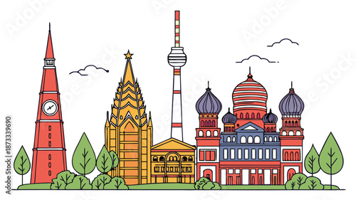 a colorful illustration depicts notable landmarks of berlin germany showcasing iconic architecture silhouette high quality professional