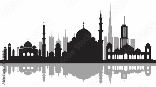 A striking black cityscape featuring iconic buildings and minarets presented as a beautiful silhouette high quality