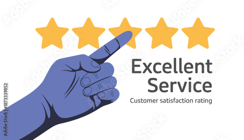 A hand pointing to a five-star rating for excellent customer service