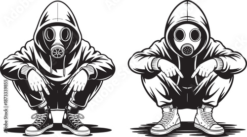 hooded gas mask street character illustration – urban squat pose black and white graffiti style vector
