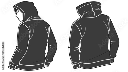 Two views of a person wearing a hooded sweatshirt depicted in a striking black and white silhouette