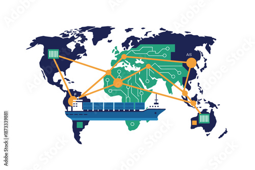 A cargo ship travels across the globe with international shipping routes highlighted