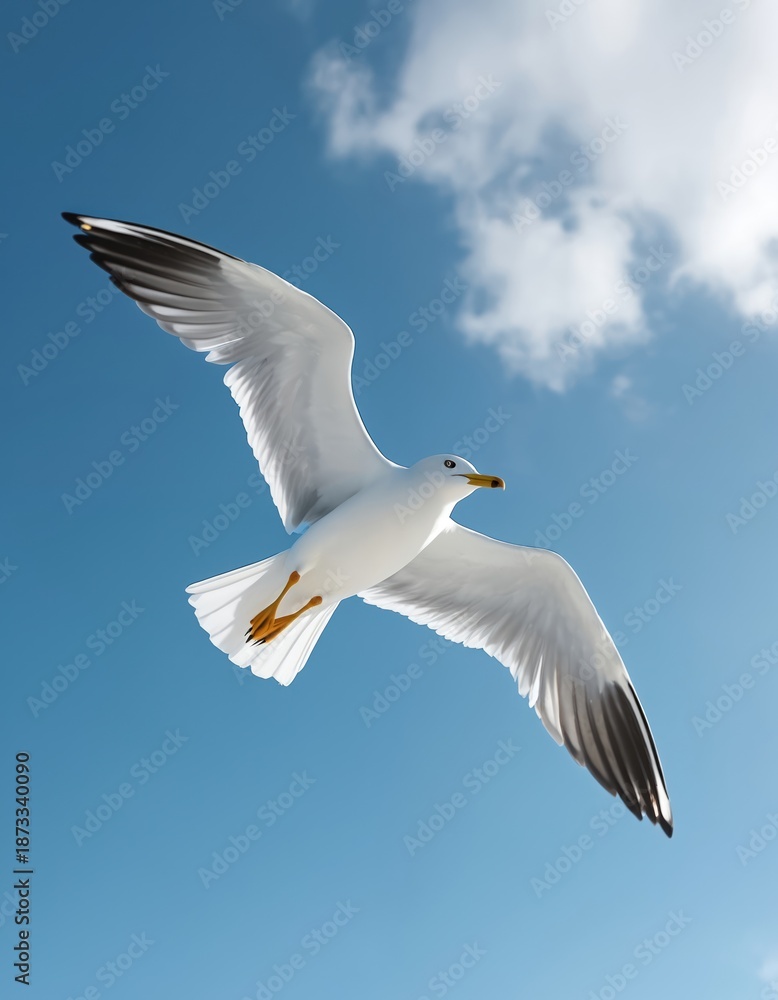 Fototapeta premium Glaucous gull soars against blue sky with scattered clouds. Bird with white feathers flies freely. Gull wings spread widely in flight showing nature power and freedom.