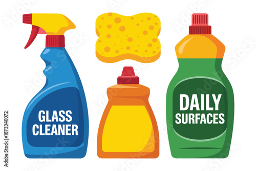 A colorful illustration of cleaning supplies on a white background