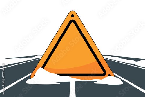 An orange warning sign on a snowy road with a white background