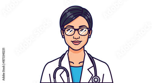 Female doctor wearing glasses and a white lab coat stands ready with a stethoscope.