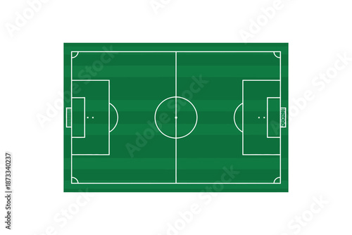 A green soccer field with white lines on a plain background