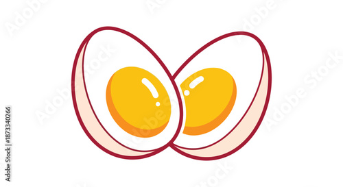 Two halves of a boiled chicken egg display bright yellow yolks against the white.